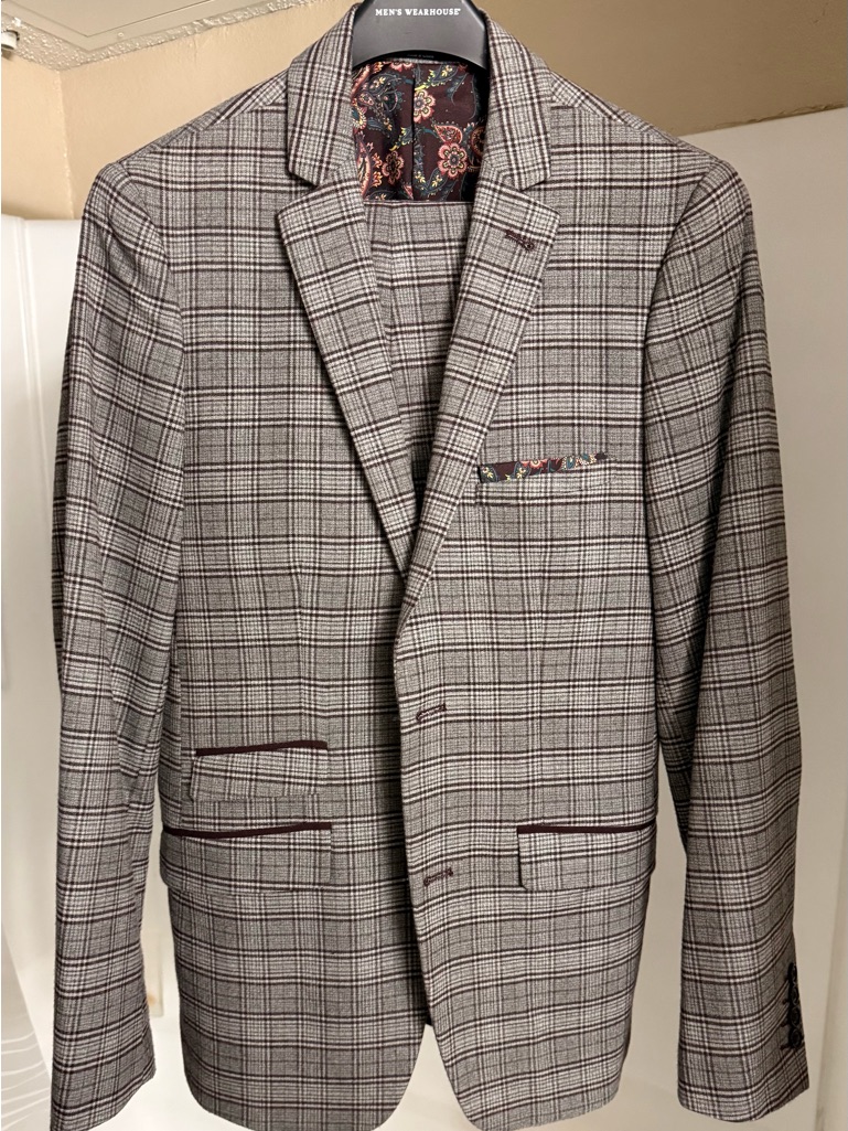 Paisley & Gray Slim Fit Plaid Suit 38r / 32x32 Gray Brown Windowpane Modern